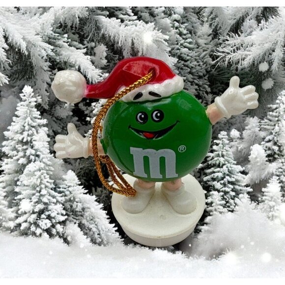 Vintage Green M&Ms Character Christmas Tree Ornament Waving with Santa Hat Mars - Picture 1 of 8